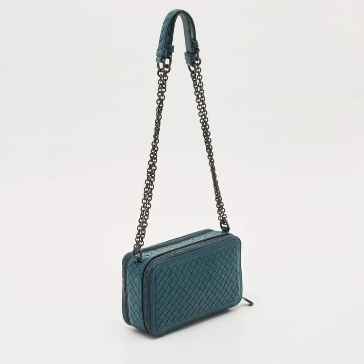 Pre Owned Bottega Veneta Teal Blue Intrecciato Leather Small Double Zip Shoulder Bag
