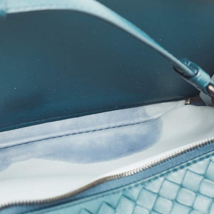 Pre Owned Bottega Veneta Teal Blue Intrecciato Leather Small Double Zip Shoulder Bag