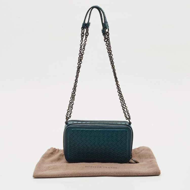 Pre Owned Bottega Veneta Teal Blue Intrecciato Leather Small Double Zip Shoulder Bag