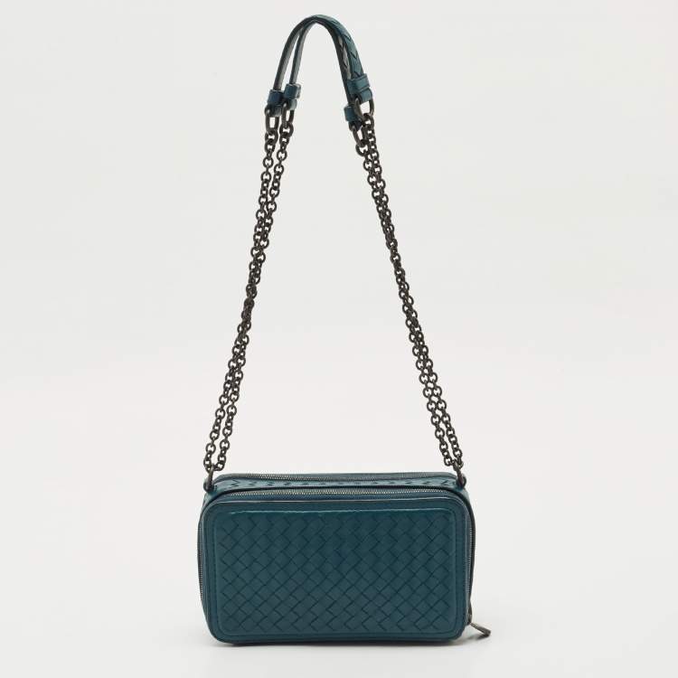 Pre Owned Bottega Veneta Teal Blue Intrecciato Leather Small Double Zip Shoulder Bag