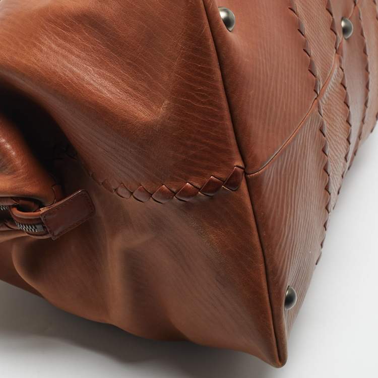 Pre Owned Bottega Veneta Brown Intrecciato Leather Frame Boston Bag