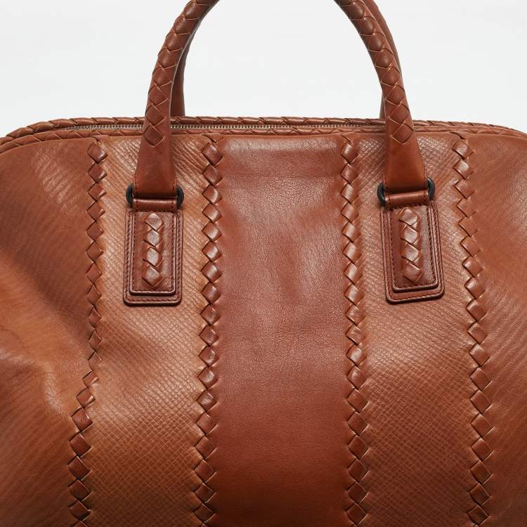 Pre Owned Bottega Veneta Brown Intrecciato Leather Frame Boston Bag