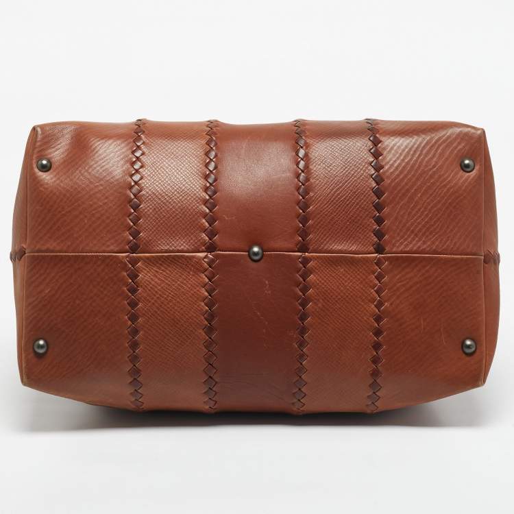 Pre Owned Bottega Veneta Brown Intrecciato Leather Frame Boston Bag