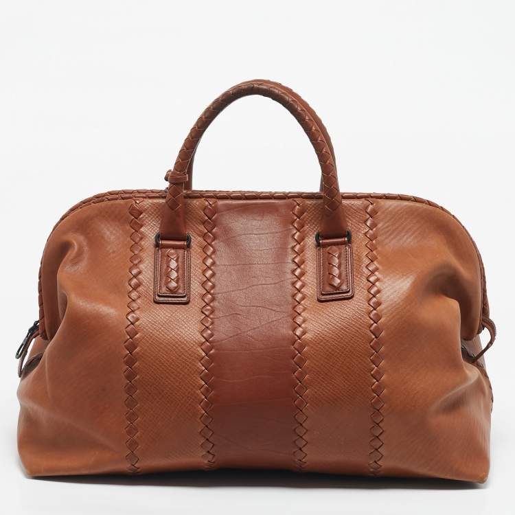 Pre Owned Bottega Veneta Brown Intrecciato Leather Frame Boston Bag