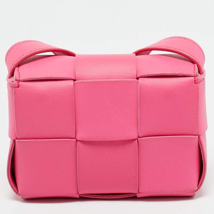Pre Owned Bottega Veneta Pink Intreccio Leather Mini Cassette Shoulder Bag