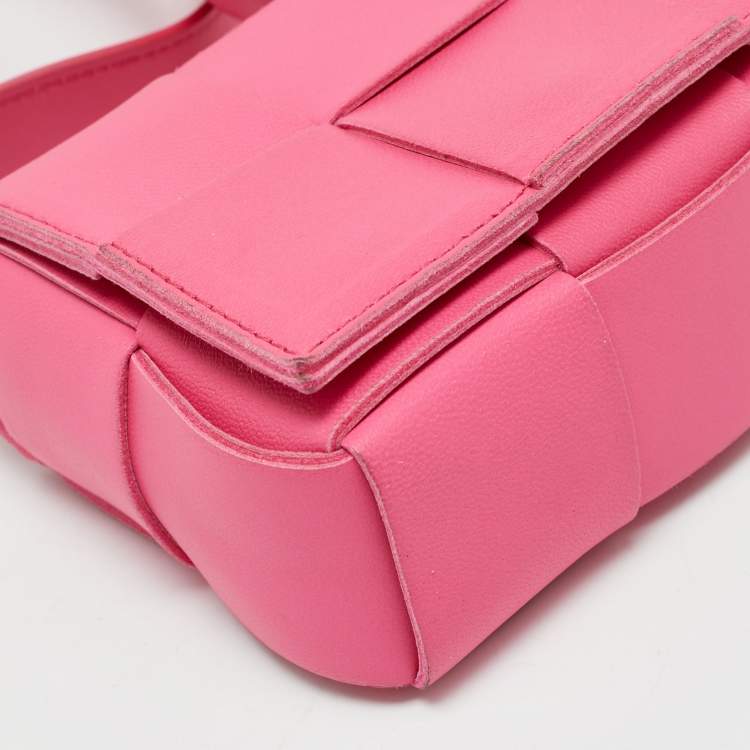 Pre Owned Bottega Veneta Pink Intreccio Leather Mini Cassette Shoulder Bag