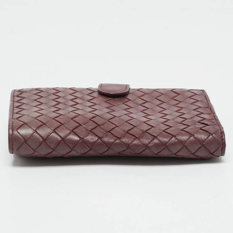 Pre Owned Bottega Veneta Burgundy Intrecciato Leather French Wallet