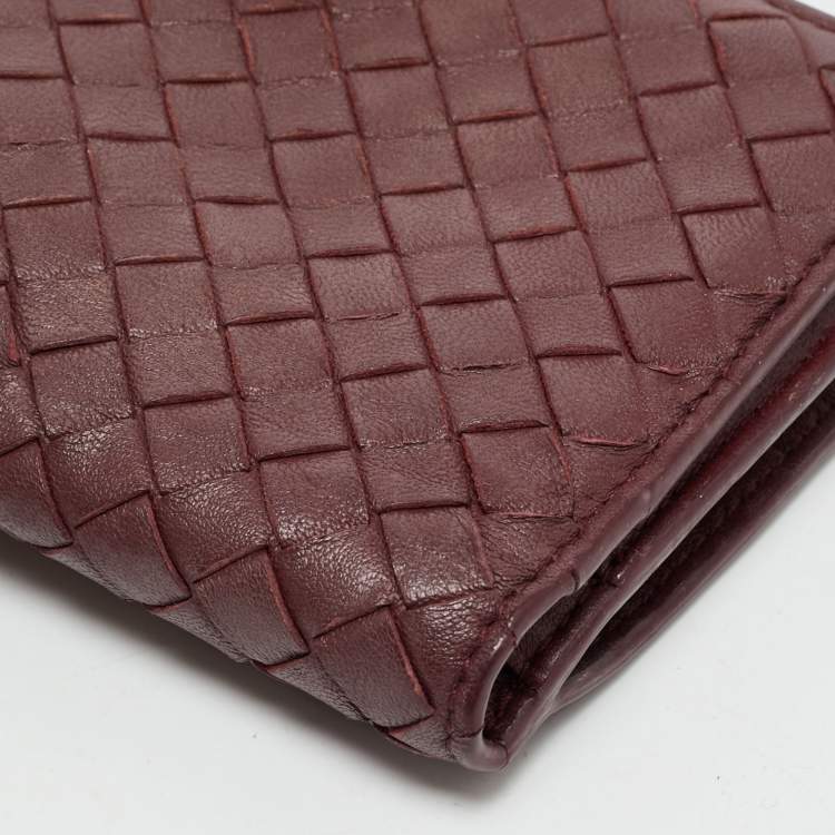 Pre Owned Bottega Veneta Burgundy Intrecciato Leather French Wallet