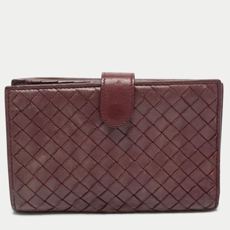 Pre Owned Bottega Veneta Burgundy Intrecciato Leather French Wallet