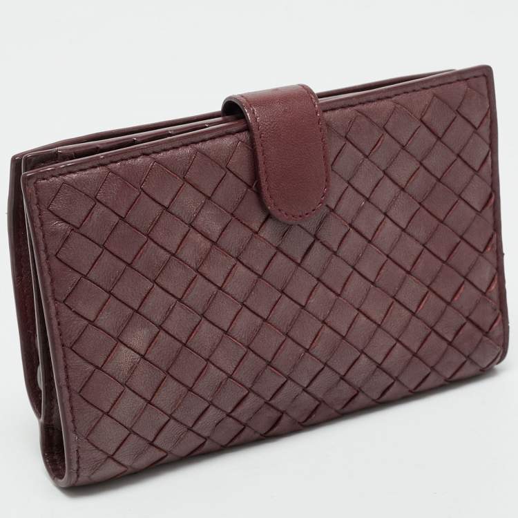 Pre Owned Bottega Veneta Burgundy Intrecciato Leather French Wallet