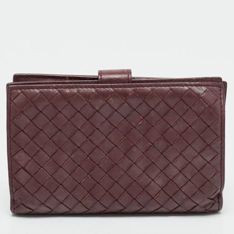 Pre Owned Bottega Veneta Burgundy Intrecciato Leather French Wallet