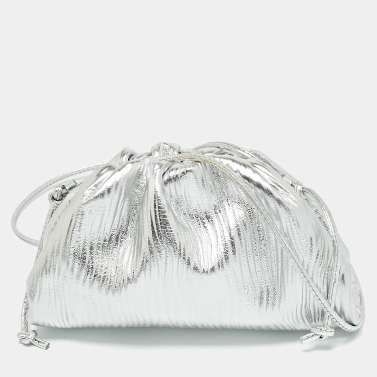 Pre Owned Bottega Veneta Silver Textured Leather Mini The Pouch Bag