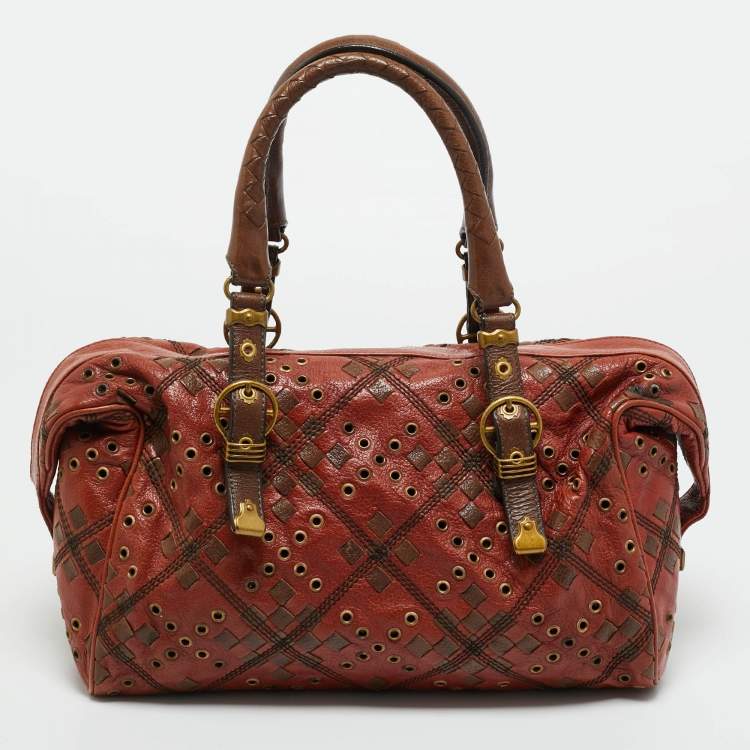 Pre Owned Bottega Veneta Brown Leather Grommet Frame Boston Bag
