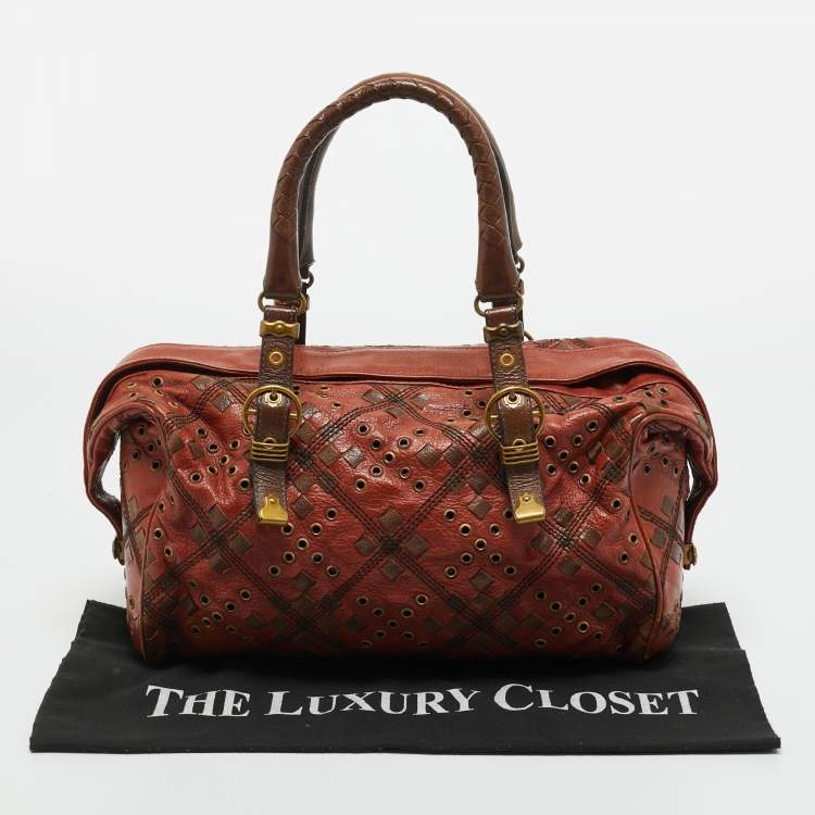 Pre Owned Bottega Veneta Brown Leather Grommet Frame Boston Bag
