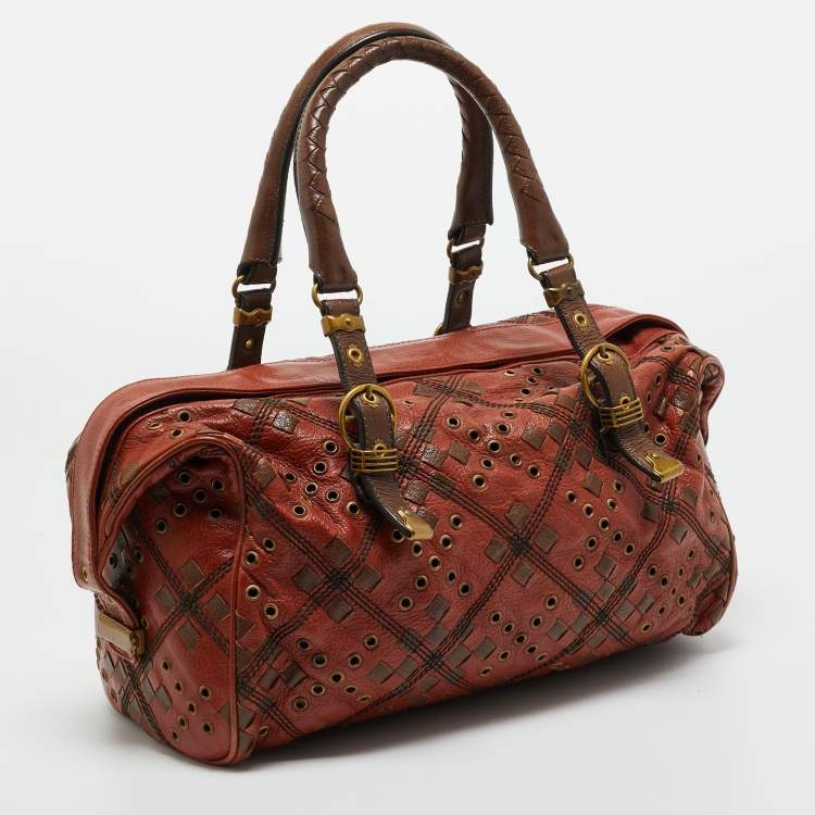 Pre Owned Bottega Veneta Brown Leather Grommet Frame Boston Bag