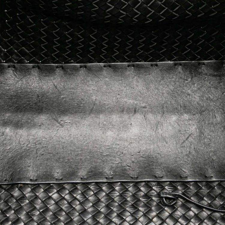 Pre Owned Bottega Veneta Black Medium Lambskin Intreccio Cabat Tote