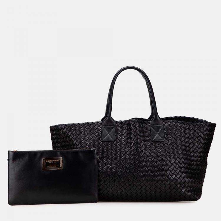 Pre Owned Bottega Veneta Black Medium Lambskin Intreccio Cabat Tote