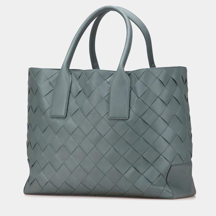 Pre Owned Bottega Veneta Grey Lambskin Maxi Intrecciato Tote