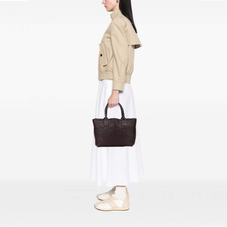 Pre Owned Bottega Veneta Brown Lambskin Intreccio Cabat Tote
