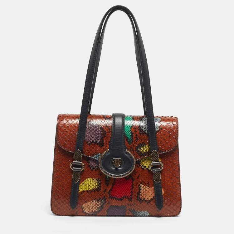 Pre Owned Bottega Venetta Brown Snakeskin and Leather Mezzaluna Bag