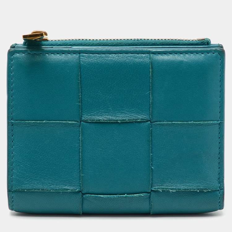 Pre Owned Bottega Veneta Blue Intrecciato Leather Cassette Bi-fold Zip Wallet