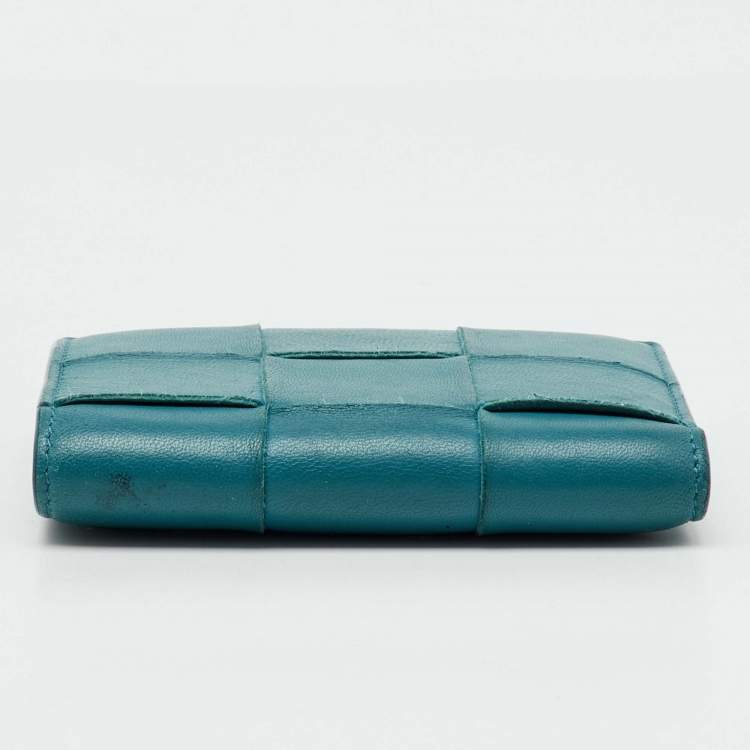Pre Owned Bottega Veneta Blue Intrecciato Leather Cassette Bi-fold Zip Wallet