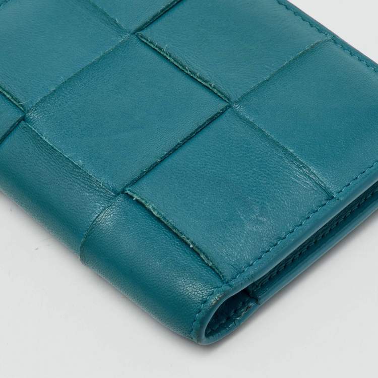 Pre Owned Bottega Veneta Blue Intrecciato Leather Cassette Bi-fold Zip Wallet