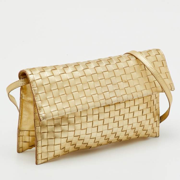 Pre Owned Bottega Veneta Gold Intrecciato Leather Flap Crossbody Bag