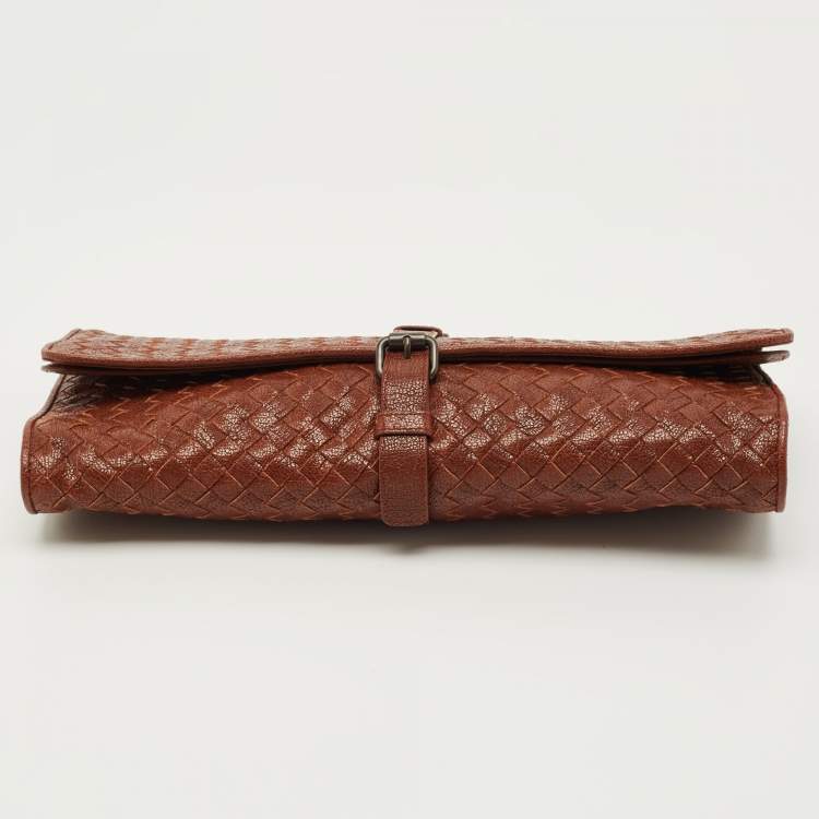 Pre Owned Bottega Veneta Brown Intrecciato Leather Strap Clutch