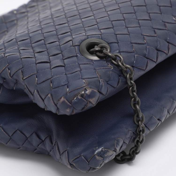 Pre Owned Bottega Veneta Blue Intrecciato Leather Duo Shoulder Bag