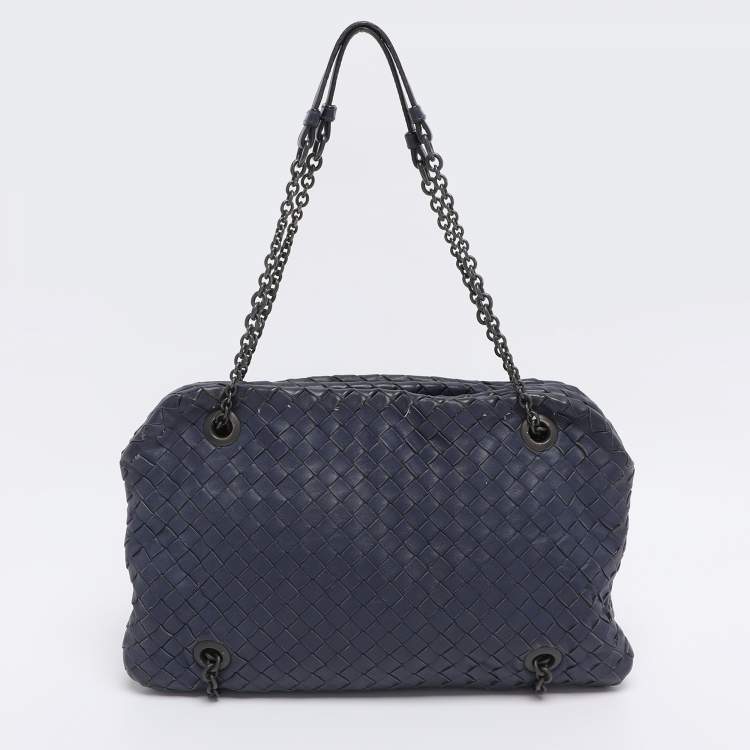 Pre Owned Bottega Veneta Blue Intrecciato Leather Duo Shoulder Bag