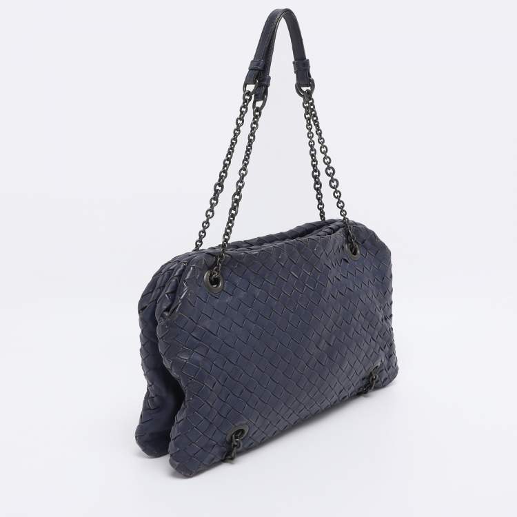 Pre Owned Bottega Veneta Blue Intrecciato Leather Duo Shoulder Bag