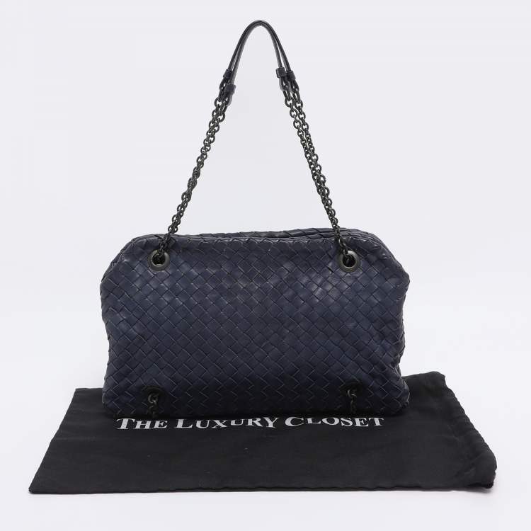 Pre Owned Bottega Veneta Blue Intrecciato Leather Duo Shoulder Bag