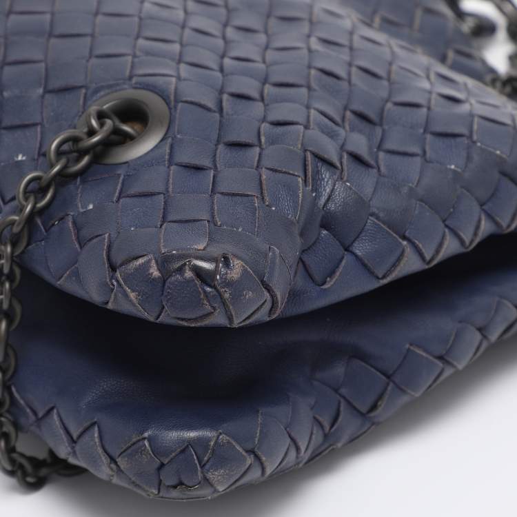 Pre Owned Bottega Veneta Blue Intrecciato Leather Duo Shoulder Bag