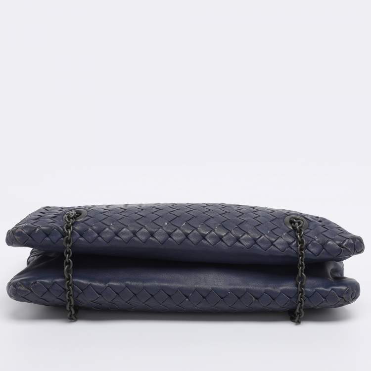 Pre Owned Bottega Veneta Blue Intrecciato Leather Duo Shoulder Bag