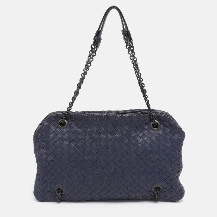 Pre Owned Bottega Veneta Blue Intrecciato Leather Duo Shoulder Bag