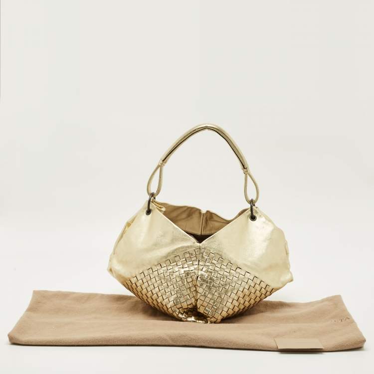 Pre Owned Bottega Veneta Metallic Gold Leather Intrecciato Aquilone Fortune Cookie Hobo