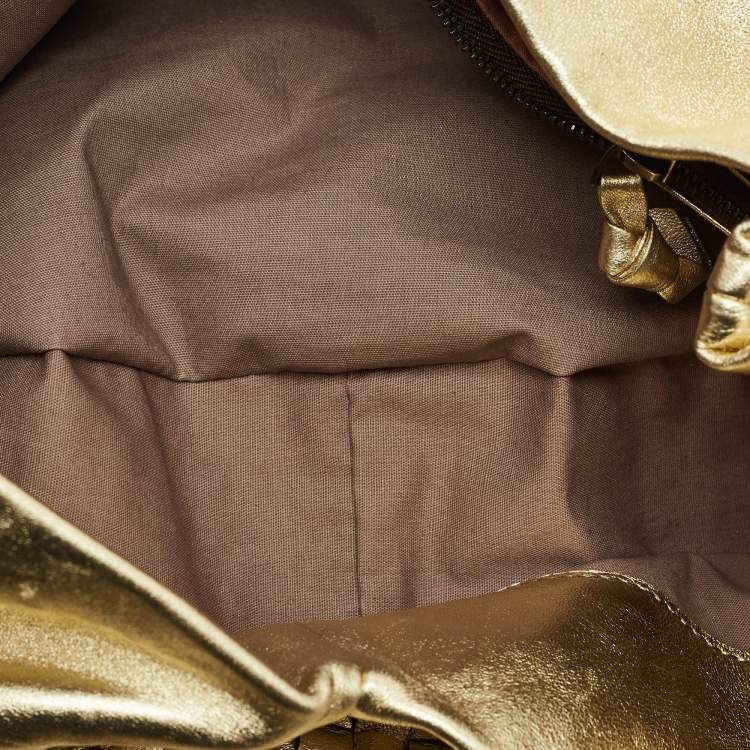 Pre Owned Bottega Veneta Metallic Gold Leather Intrecciato Aquilone Fortune Cookie Hobo