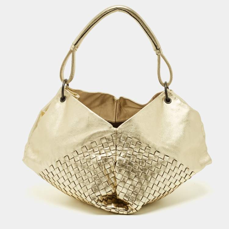 Pre Owned Bottega Veneta Metallic Gold Leather Intrecciato Aquilone Fortune Cookie Hobo
