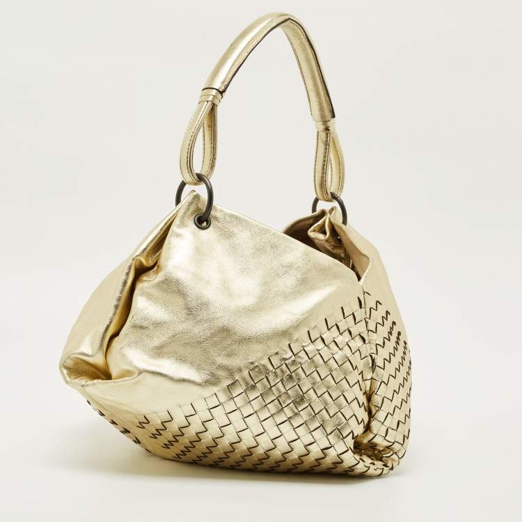 Pre Owned Bottega Veneta Metallic Gold Leather Intrecciato Aquilone Fortune Cookie Hobo