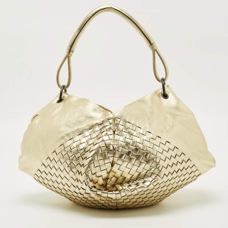 Pre Owned Bottega Veneta Metallic Gold Leather Intrecciato Aquilone Fortune Cookie Hobo