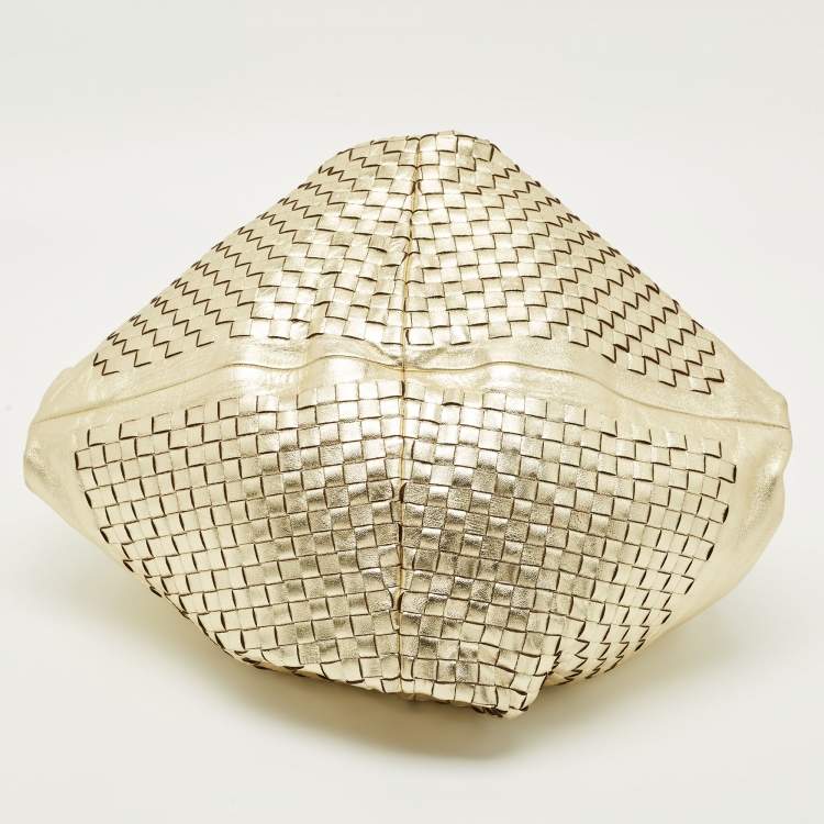 Pre Owned Bottega Veneta Metallic Gold Leather Intrecciato Aquilone Fortune Cookie Hobo