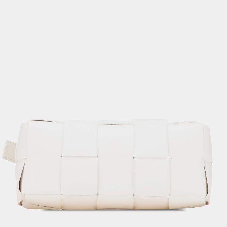 Pre Owned Bottega Veneta White Small Lambskin Intrecciato Brick Cassette