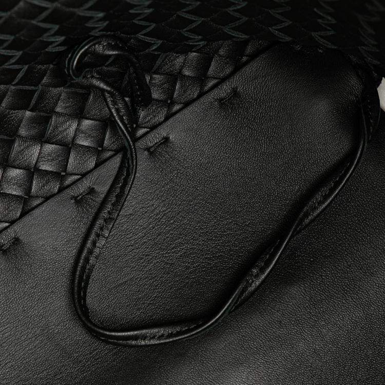 Pre Owned Bottega Veneta Black Medium Lambskin Intreccio Cabat Tote