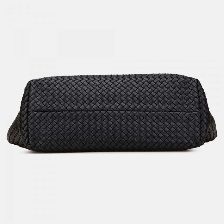 Pre Owned Bottega Veneta Black Medium Lambskin Intreccio Cabat Tote