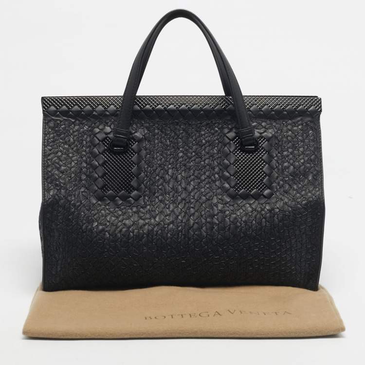 Pre Owned Bottega Veneta Black Embroidered Intrecciato Leather Frame Satchel
