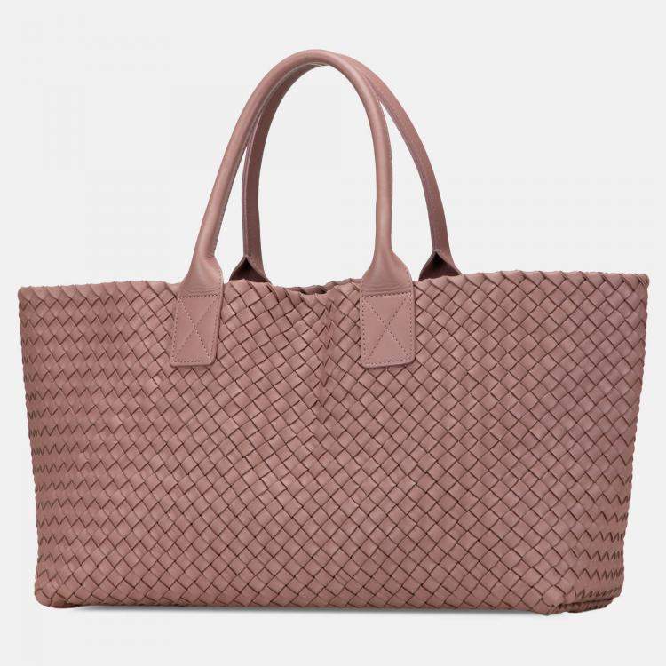Pre Owned Bottega Veneta Pink Medium Lambskin Intreccio Cabat Tote