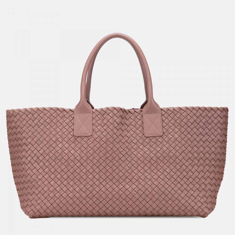 Pre Owned Bottega Veneta Pink Medium Lambskin Intreccio Cabat Tote