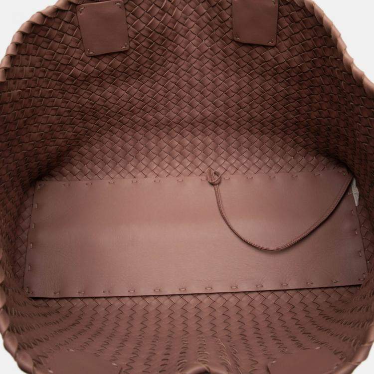 Pre Owned Bottega Veneta Pink Medium Lambskin Intreccio Cabat Tote