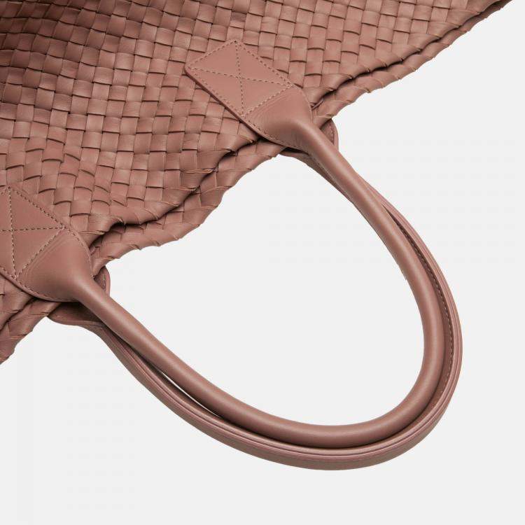 Pre Owned Bottega Veneta Pink Medium Lambskin Intreccio Cabat Tote